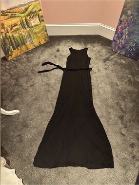 Vintage Black Sleeveless Maxi Dress with Waist Tie